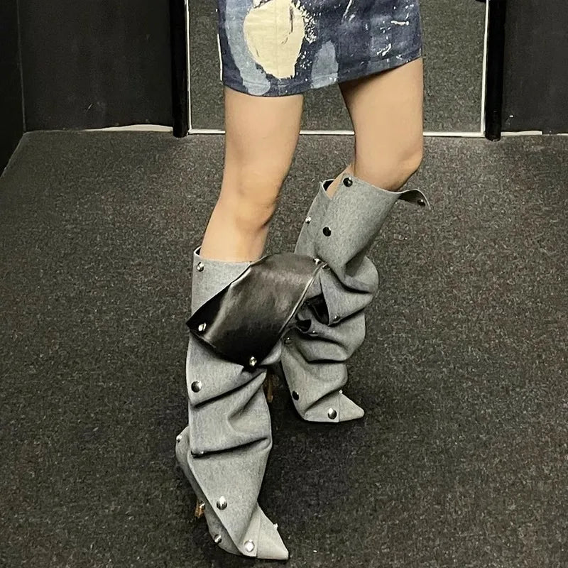 Just Arrived 7 Colors High Heel Long Boots for Women Botte Winter Boots Shoes Botas Mujer Thin Heeled Pointed Leather Denim Metal Button Shoe s Women Casual Apparel Accessories