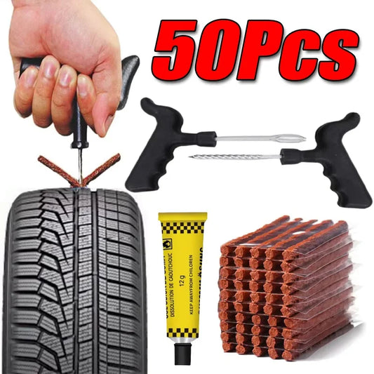 NEW Arrivals 50Pcs Set Bicycle Car Motorcycle Tire Repair Tool Kit with Rubber Strip Tubeless Tire Puncture Studding Plug Motorcycle Truck Vacuum Tire Repair Tools Kit