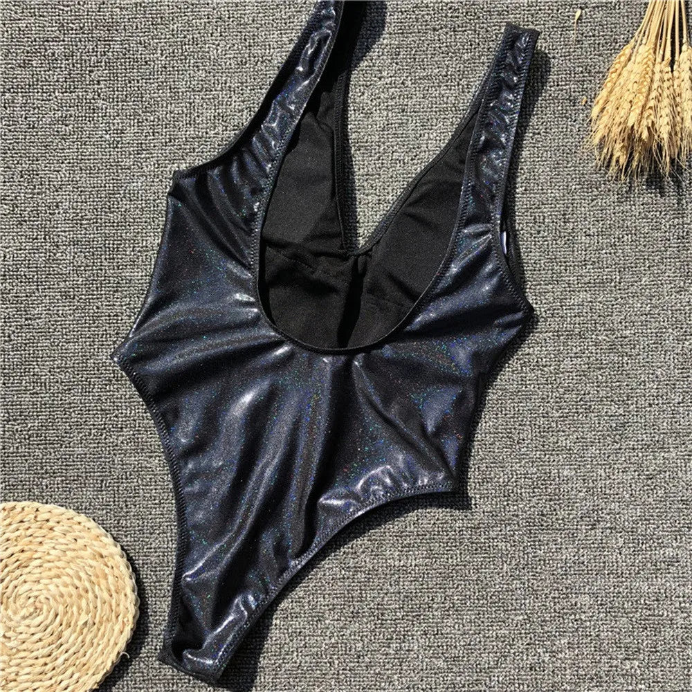 Women Sequins Leather Jumpsuit Push-Up Padded Bra Bikini One Piece Swimwear Sexy And Tight Fitting Seaside Vacation Swimsuit