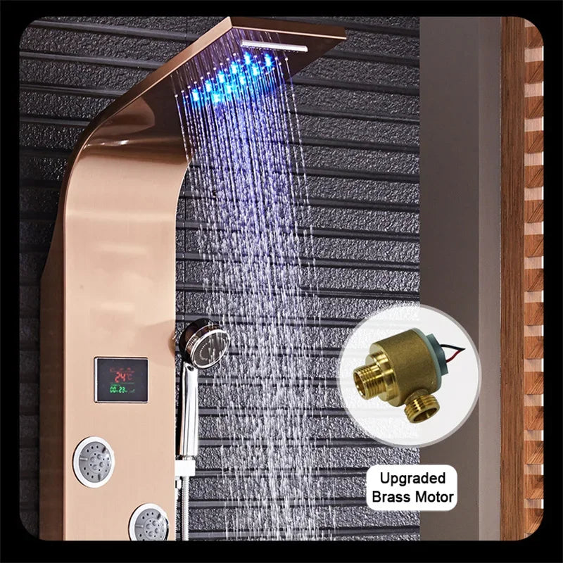 Luxury Stainless Steel Home Improvement LED Lights Shower Faucets Luxury Bathroom Faucet Set Bather Thermostat Shower Screen Shower Electronic System Kit Home Bathroom Supplies