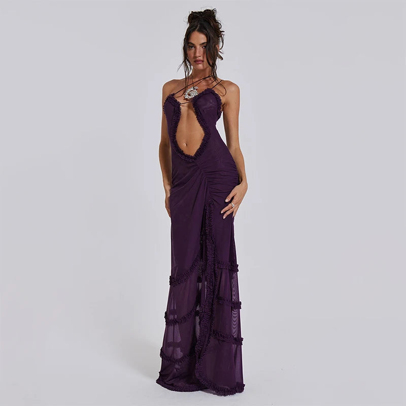 Women Noble Furry Halter Sleeveless Hollow Dress Camisole Shrunk Split Wave Cut Dress Luxury Prom Occasion Evening Gown