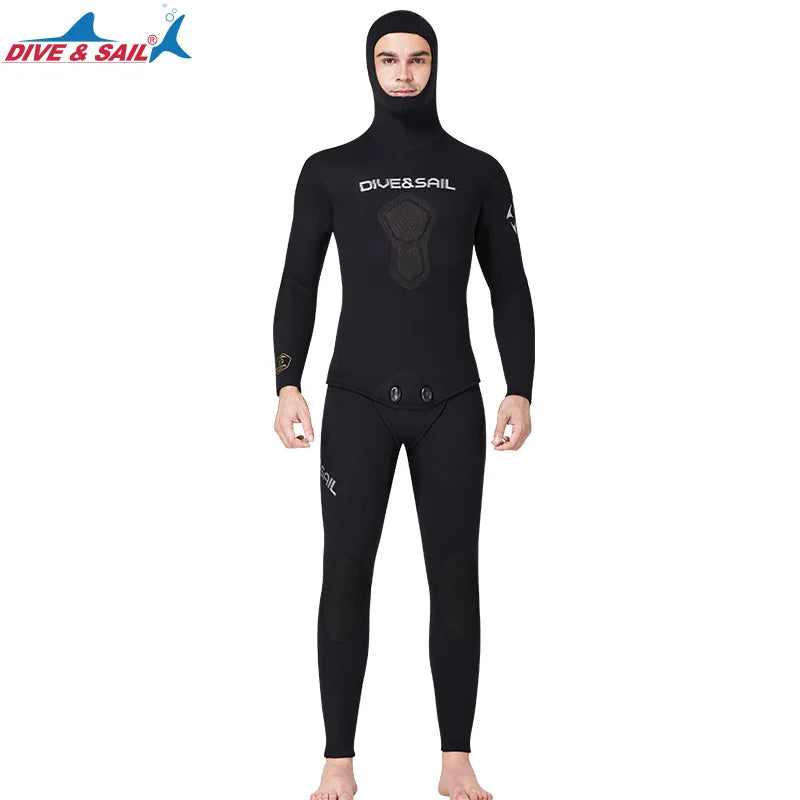 7MM Neoprene Material Thick and Warm S-3XL Extra Plus Size Women Men Wetsuit Top Quality Hooded Split Professional Thermal Diving Suit Water Sports Kitesurf Spearfishing Snorkeling Surfing Suit