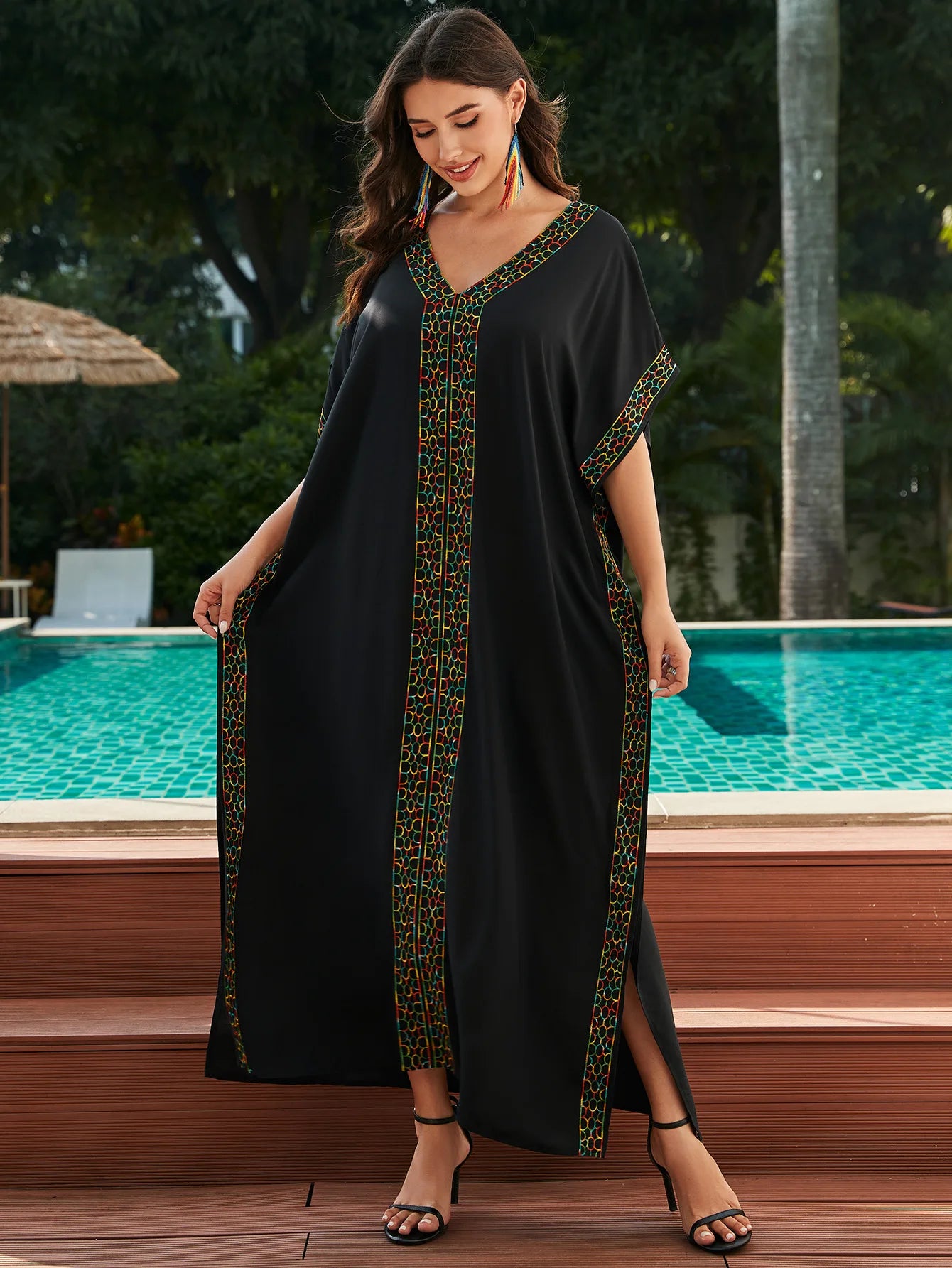 Embroidery Beach Kaftan Dress for Women Short Sleeve Bikini Swimsuit Cover Up