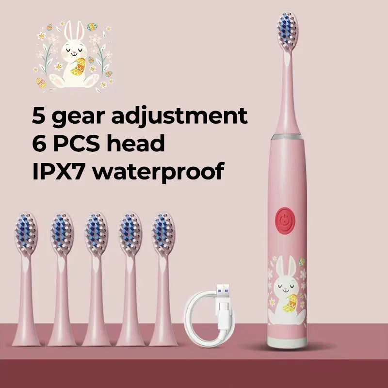 Colorful Sonic Children's Electric Toothbrush Rechargeable Cartoon Design Automatic IPX7 Waterproof with 5 Replacement Heads Children Oral Hygiene Supplies