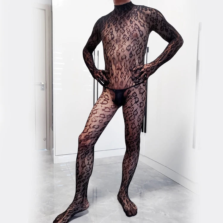 Men's Bodystockings Leopard Bodysuits Male Long Sleeved Gloves One-piece Lingerie Black Fishnet Pajamas Cool Gentlemen Sleepwear