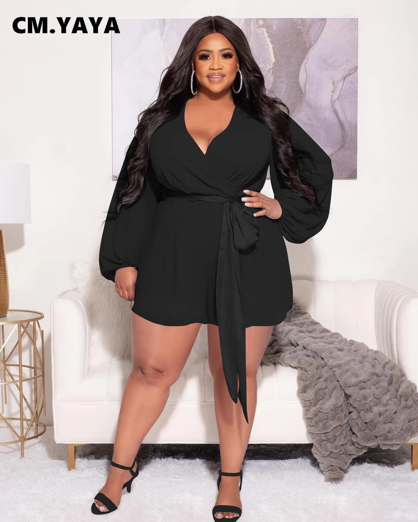 Plus Size Women Long Sleeve V-neck Chiffon Romper Summer Elegant Fashion Chic Playsuit Short Jumpsuit