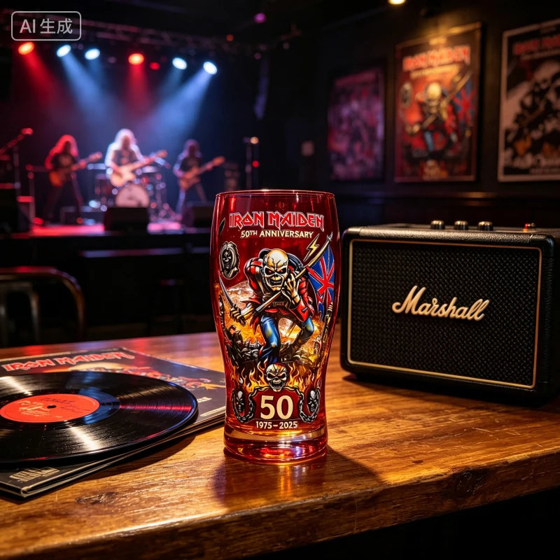 IRON MAIDEN 50th Anniversary Collectible Beer Glass, 500ml 16oz The Trooper Eddie Skull Sticker Craft Pint Glass, Heavy Metal Rock Band Lovers Fans Home Bar Pubs Night Rock Club Drinkware Accessories Barware Supplies