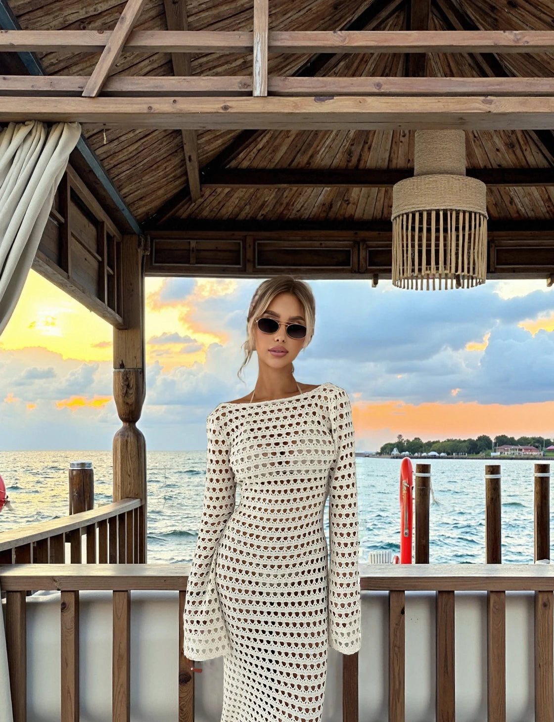 NEW Sexy Handmade Beige Knit Mesh Backless Long Bell Sleeve Beach Maxi Dress Women's Summer Slim Outfits Vacation Swimsuit Cover Up Tunic K205