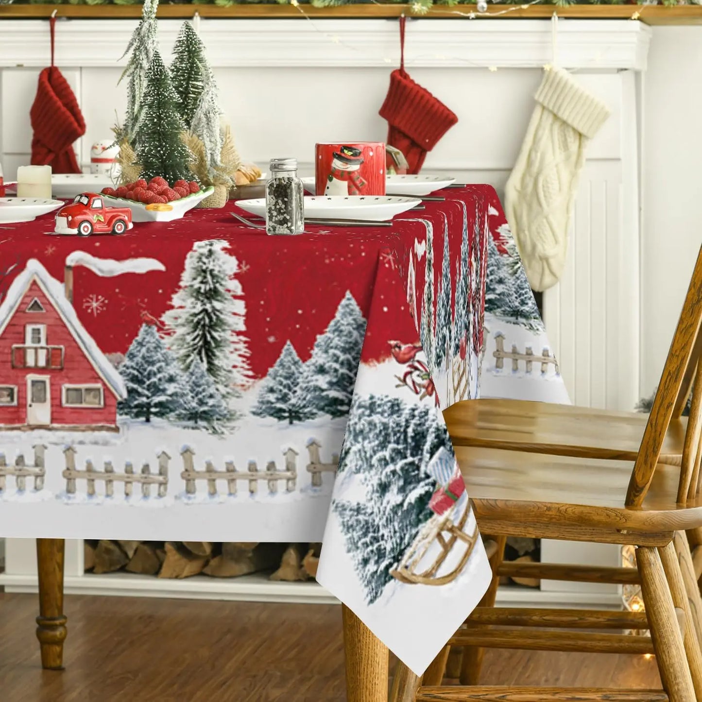 NEW Christmas Winter Snowman Xmas Trees Rectangle Tablecloth Dining Room Decor Durable Tablecloth for Table Party Picnic Supplies Home New Year Eve Clothing Products