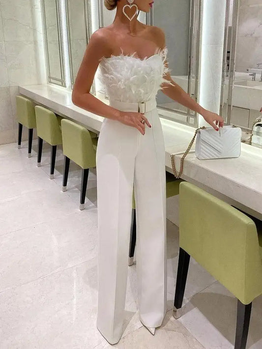 NEW Arrivals Luxury Women Female Elegant Long Jumpsuit Strapless Slash Neck Feather Tube Top Sexy Summer Evening Business Dinner Autumn Night Clubwear Party Girls Ladies Luxury Fashion Clothing Supplies