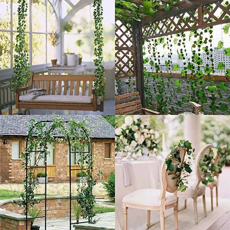 10M-105M 50 Strings Artificial Vine Leaf Decoration Vine Plants Hanging Outdoor DIY Fake Green Ivy Leaf Garland Rattan Wedding Garden Creeper Grapes Watermelon Begonia Sweet Potatoes Leaves
