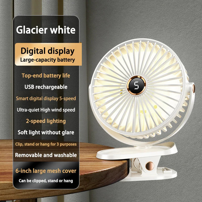 8000mAh Clip-On Whirlwind Fan 5 Speed Quiet Rechargeable Desktop Portable Air Circulator Wireless Fan With LED Light For Home Office Desktop Outdoor Camping Cooling Accessories