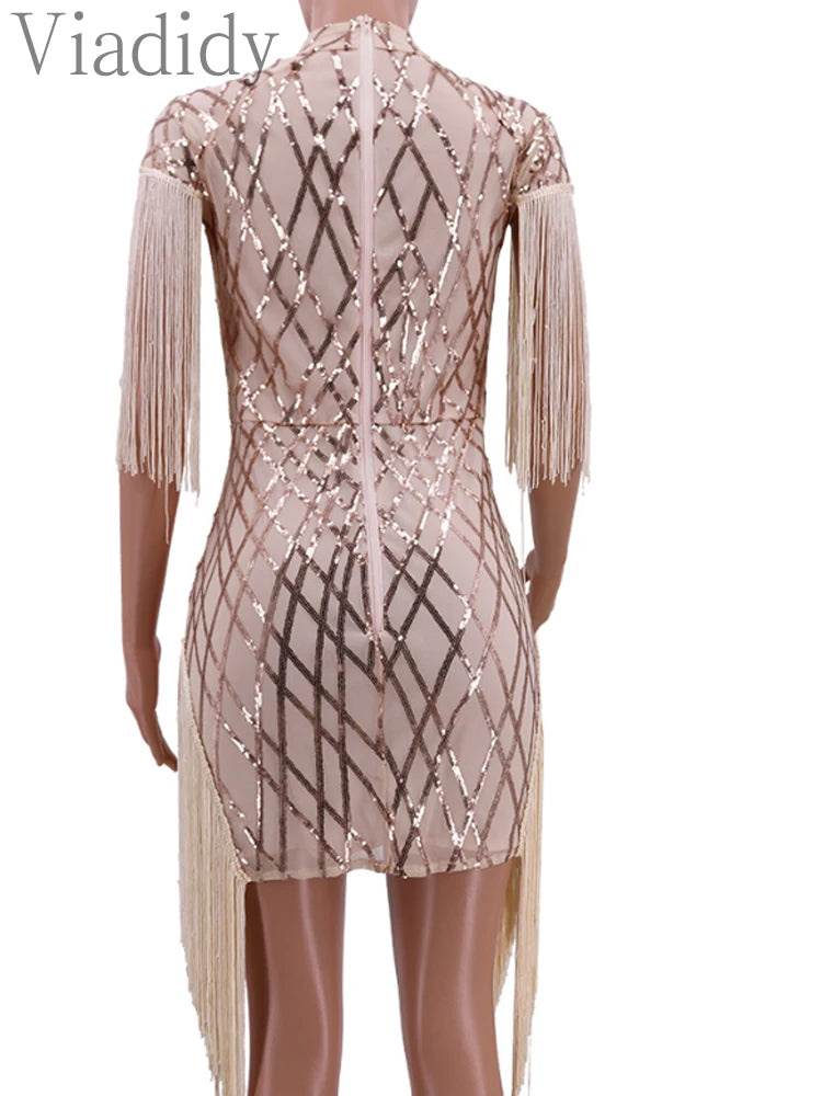 UK Size S(8)-XL(16) Black/Red/ Apricot Luxury Women Italian Fashion Elegant Sequins Tassels Mini Bodycon Evening Party Sexy Mini Dress