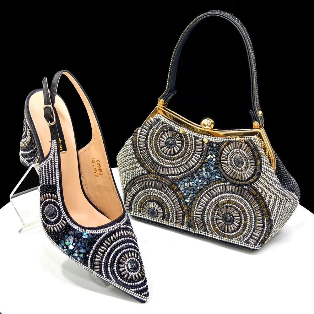 8 Colors High-End Matching Women's Luxury Shoes with Diamond Hard Box Bag Popular in Nigeria Evening Wedding Party Women's High Heels Shoes Apparel Sets