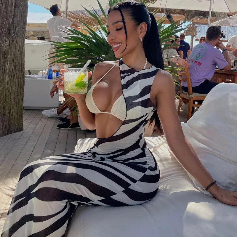 Women's Sexy Zebra Long Beach Dress Cover-Ups Sexy Transparent Mesh Maxi Dress Striped Cut Out Bodycon Vacation Summer Dress Women Bathing Apparel Swimming Clothing Supplies