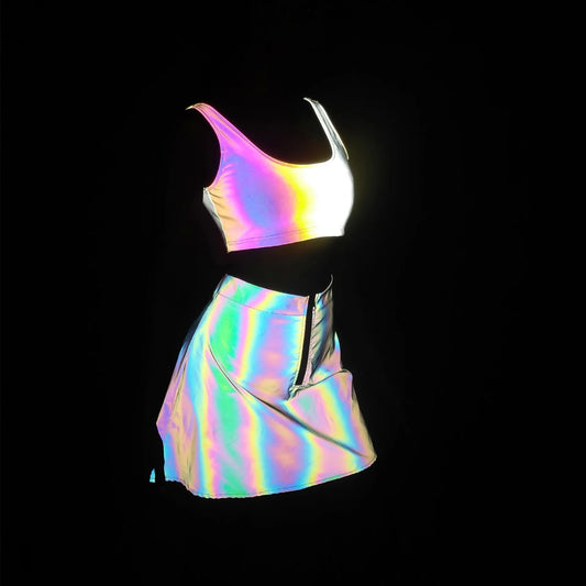 High Waist A-Line Skirts+Bra Women Colorful Reflective 2 Piece Set Night Club Rave Party Reflect Light Mini Clothing Fashion Supplies
