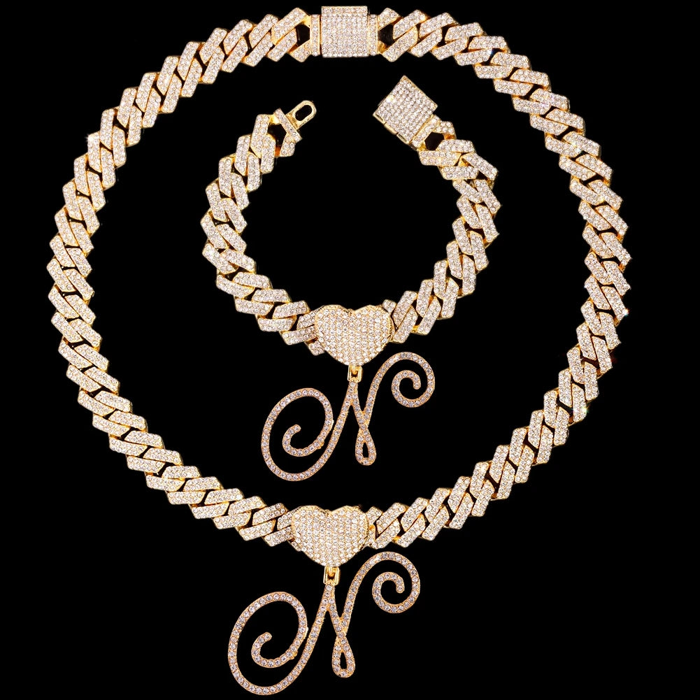2 PCS Set New Fashion A-Z Initial Cursive Letter Luxury Rhinestones Pendant Cuban Necklace for Women Iced Out Cuban Link Chain Necklace Set Jewelry