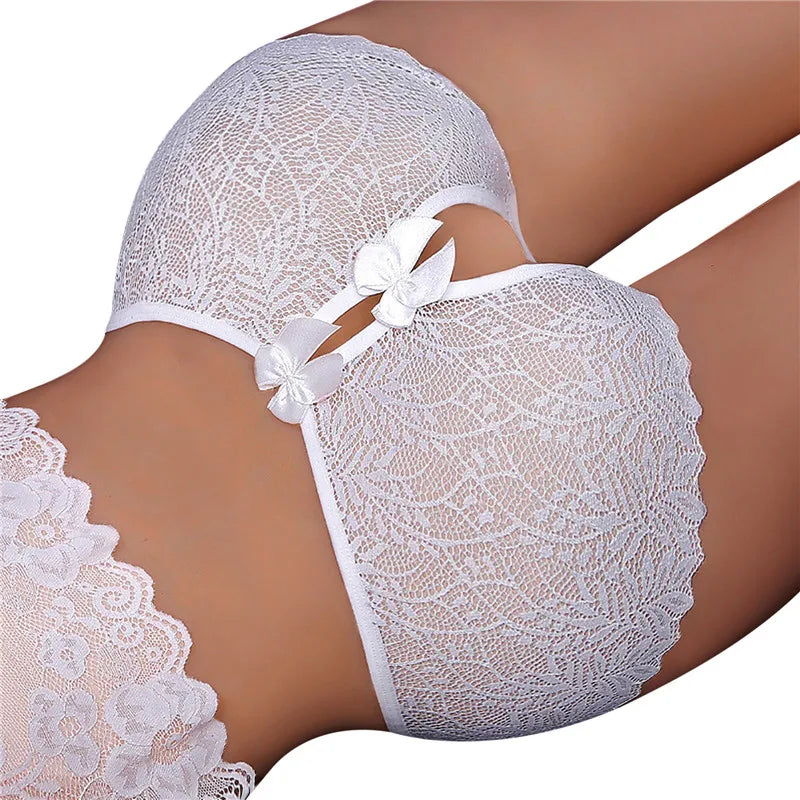 New Women Erotic Sexy Open Lace Panties Transparent Bow Low Waist Underpants Female Breathable Hollow Mesh Briefs Lingerie