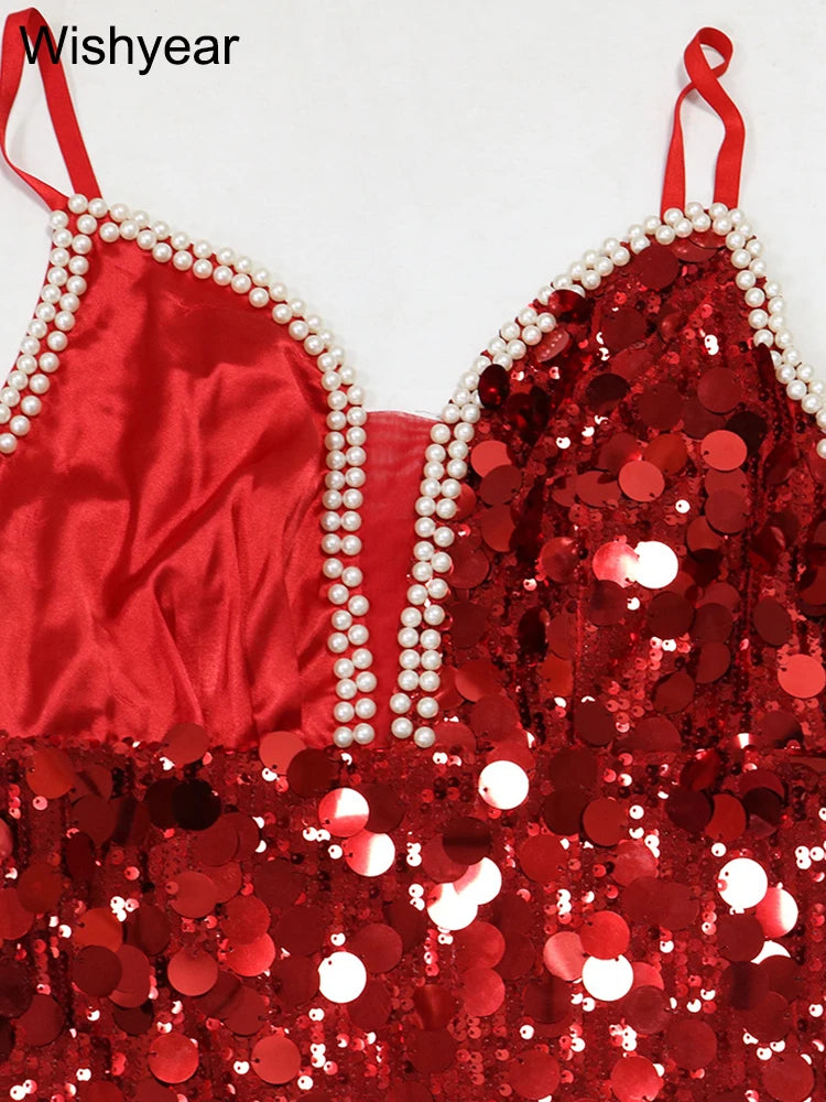 Low-Price Sales are Limited Red/Silvery S-2XL New Luxury Celebrity Sleeveless Spaghetti Straps Sequin Patchwork Mermaid Dress Women Wedding Birthday Evening Party Sexy Gown Ladies Luxury Fashion Apparel Supplies