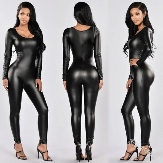 NEW Arrivals S-3XL Women Jumpsuit PU Leather Sexy Black Long Sleeve Jumpsuit Female Evening Nightclub Party Bodysuit Ladies Girls Luxury Fashion Clothing Supplies