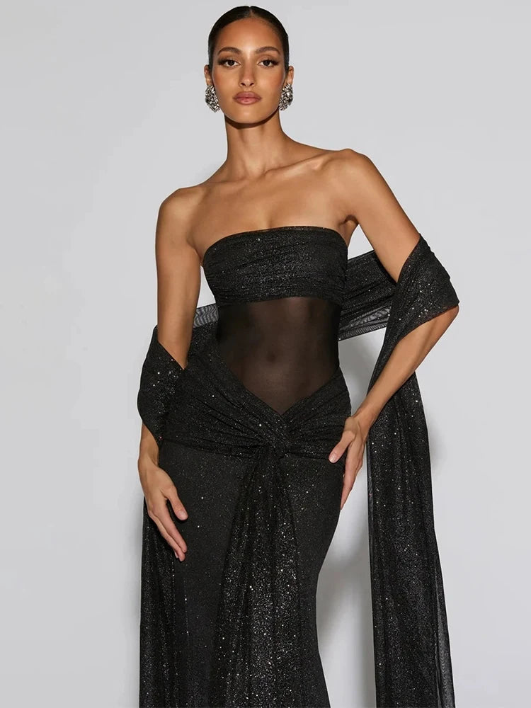 Brown/Black Color Sparkle Strapless Draped Sexy Maxi Dress Women Elegant Off-shoulder Sleeveless Backless Ruched Club Party Long Dress