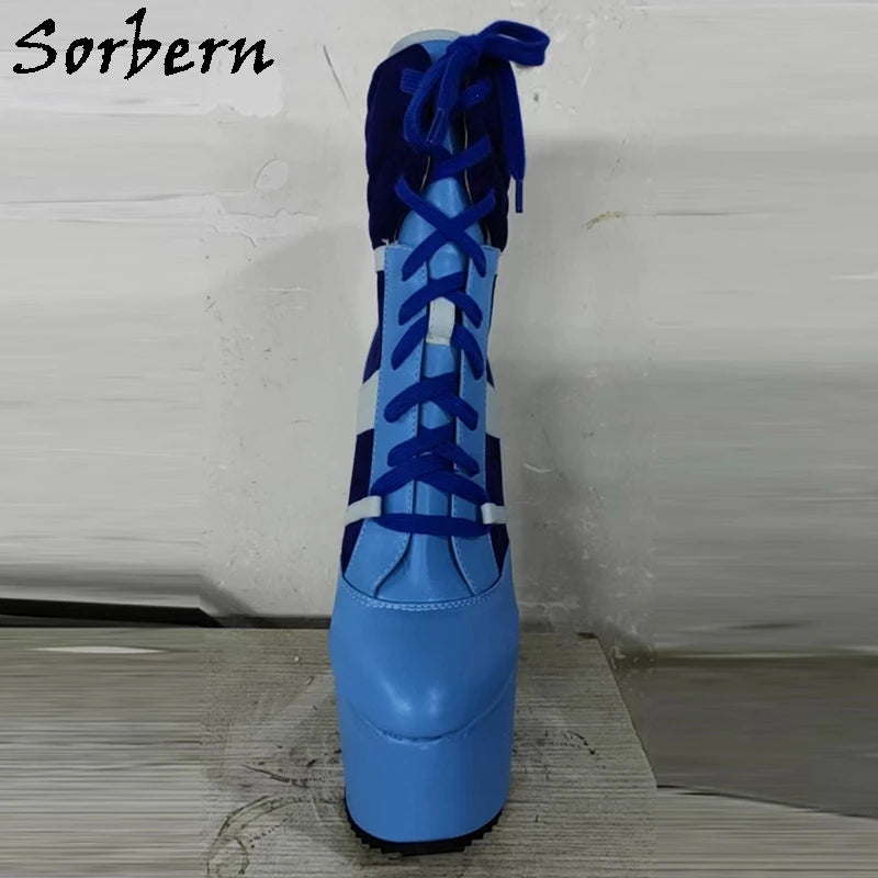 Sorbern Blue 18cm Block High Heel Sneaker Lace Up Ankle Boots Unisex Custom Colors Round Toes Chunky Heeled Wedge Boots