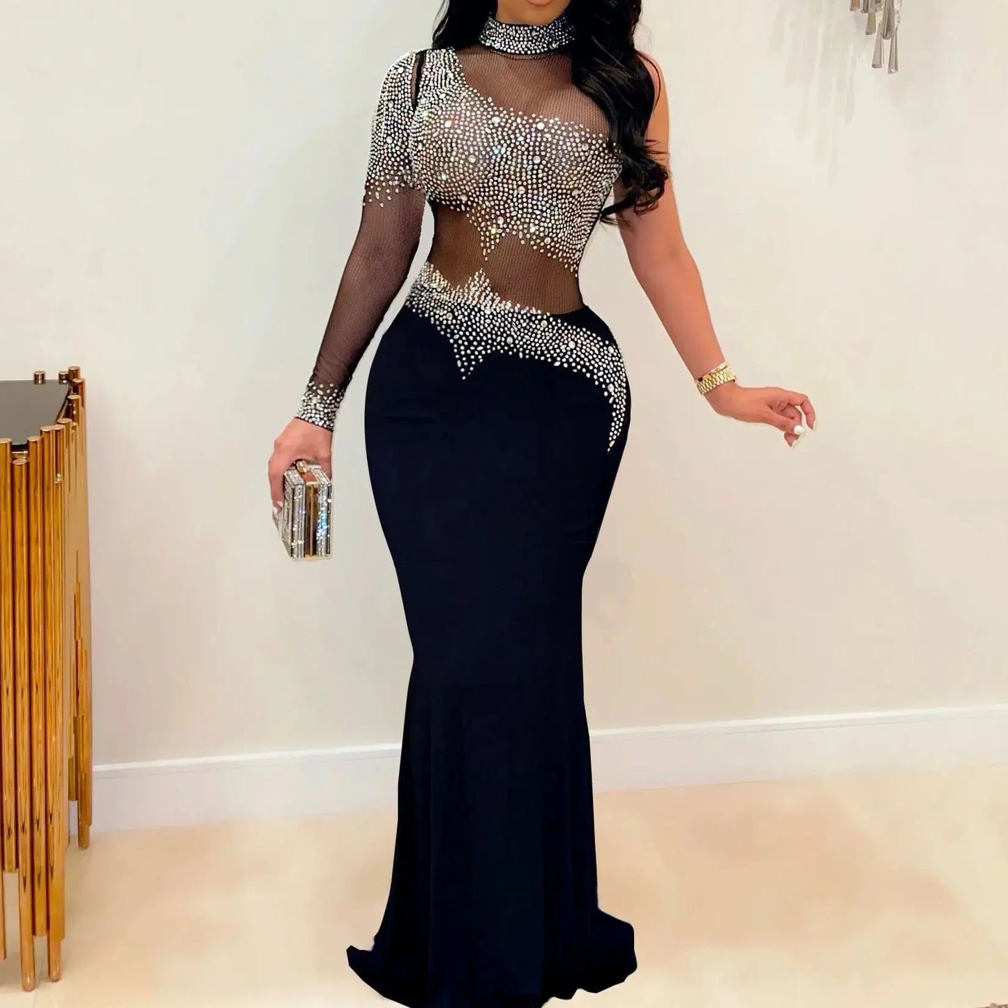 L-5XL Plus Size 5 Colors Sheer Rhinestones Evening Party Red Carpet Dress Female Luxury Business Dinner Celebrities Wedding Guest Prom Lady Summer Elegant Women Dresses