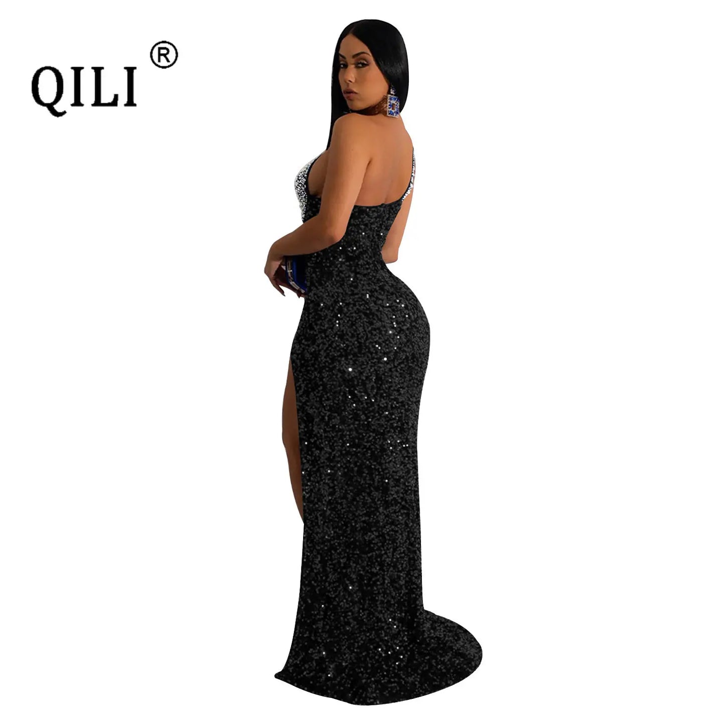 One Shoulder Rhinestone and Sequins Sexy High Split Long Dress Elegant Party Dresses for Women  Robe Blue Black Red
