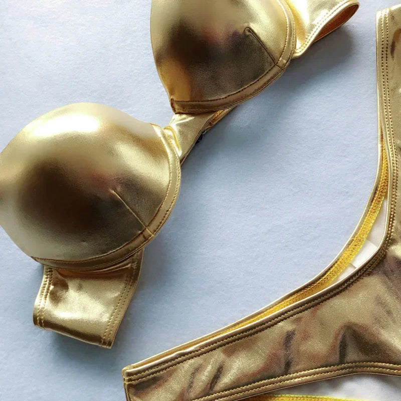 NEW Arrivals 4 Colors Sexy Ladies Metallic Summer Push Up Padded Bra Bathing Suit Beach Wear Women Sexy Thong Bikini Set Silver Gold Swimwear Suit