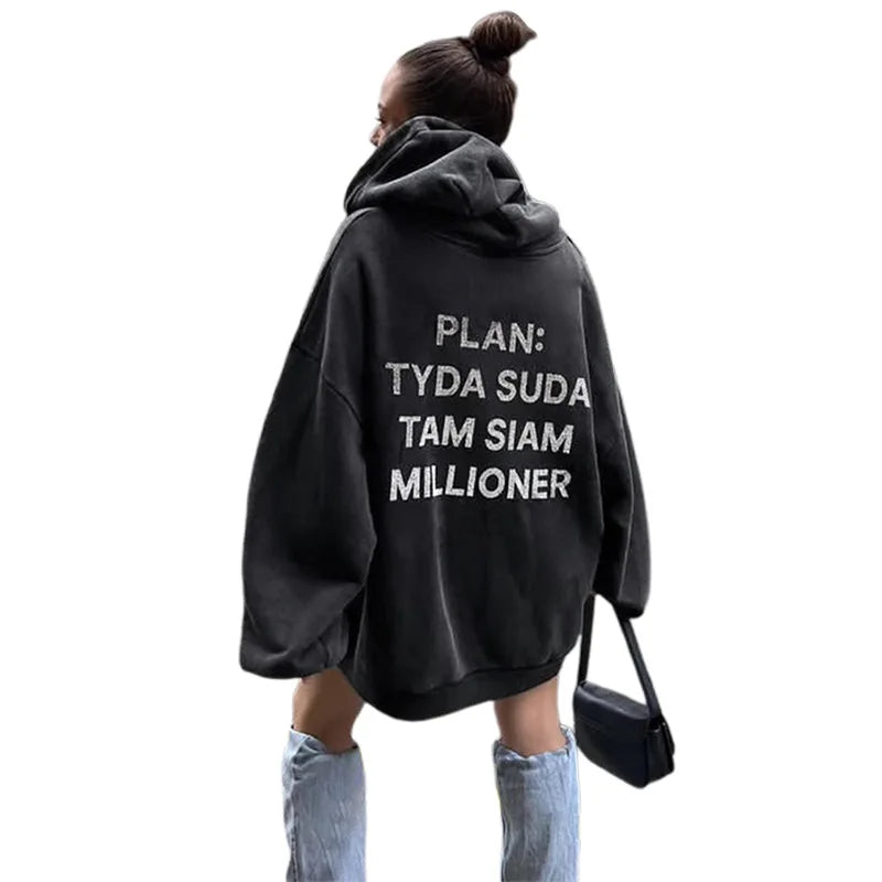 Autumn Women's New Fashion Hooded Letter Hot Diamond Street Trendy Loose Mid length Sweater
