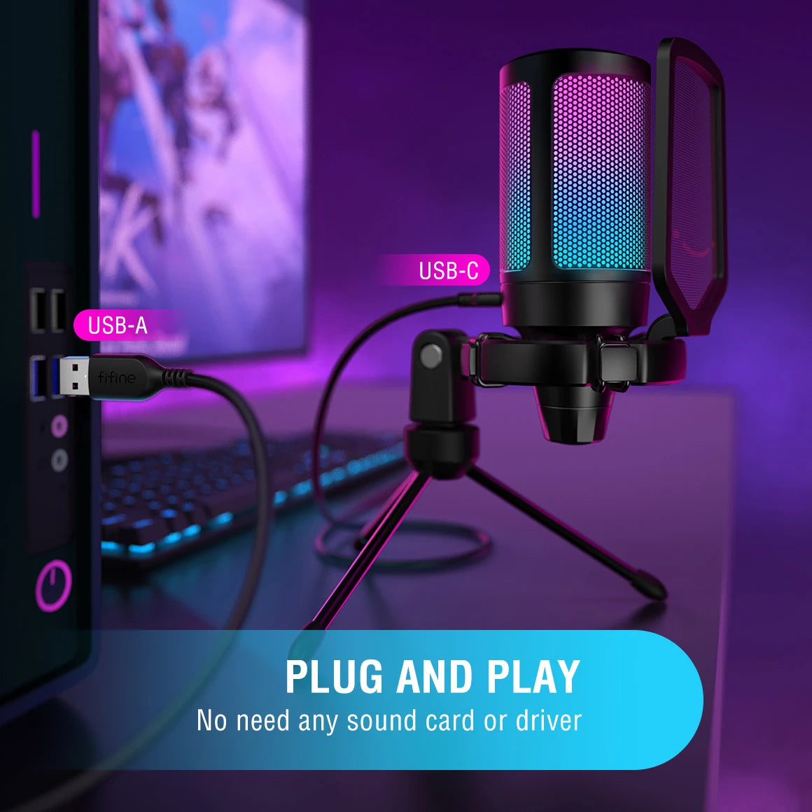 RGB USB Condenser Gaming Microphone, for PC PS4 PS5 MAC with Pop Filter Shock Mount&Gain Control for Podcasts ,Ampligame A6V