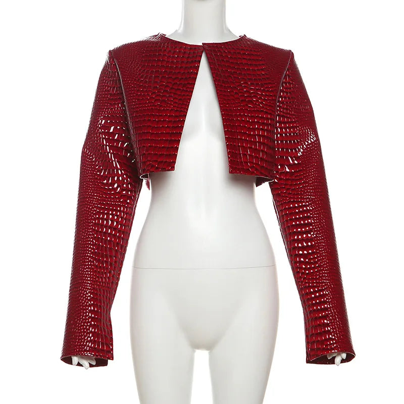 NEW Arrivals Autumn/Spring Snakeskin Leather Crop Jacket Women Hipster Trend Snake O-Neck Full Sleeve Streetwear Wild Basic PU Leather Outwear Coat Girls Luxury Fashion Clothing Supplies