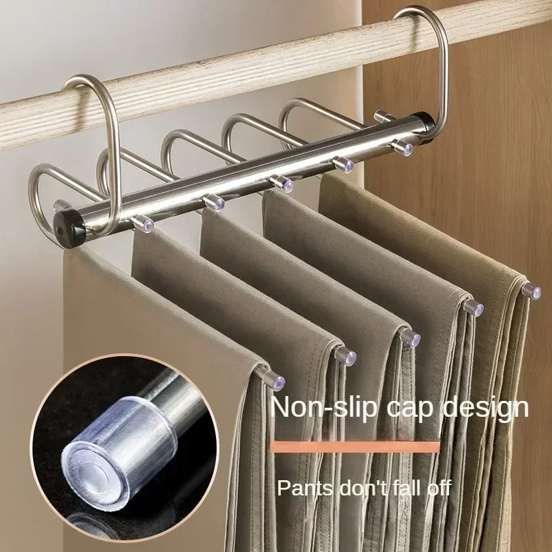 NEW Design 9 Bars Layers Folding Magic Pants Hangers Stainless Steel Space Saving Clothes Rack Organizer For Wardrobe Trousers Jeans Clothes Storage Organizer Closet Accessories