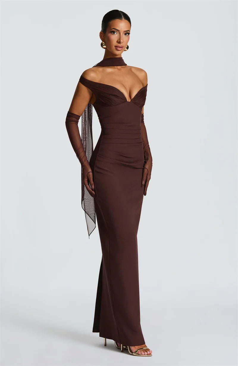 UK Size Black/Brown/Pink Color Scarf Collar Off-Shoulder Sexy Maxi Dress Women Gown Fashion With Sleeve Strapless Backless Club Party Long Dresses