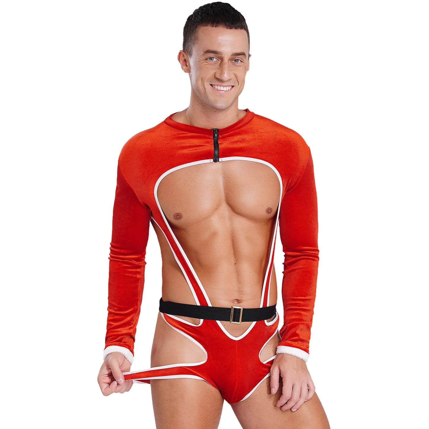 Sexy Gay Men Christmas Santa Claus Role Play Bodysuit Long Sleeve Cutout Bulge Pouch Open Butt Leotard Nightwear Festival Holiday Party Men Fashion Clothing Suits Products