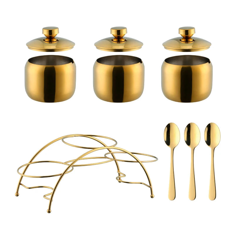 3 PCS Luxury Set + 3 Matching Spoons 304 Stainless Steel Gold Seasoning Condiment Pot Set Spice Salt Sugar Container Pepper Jar Tool with Lid and Spoon Holder Rack Home Tableware Tools Sets