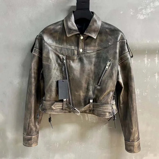 Type Coat Spring Women New Fashion Short Length Vintage Calfskin Clothes With Belt Turn-Down Collar