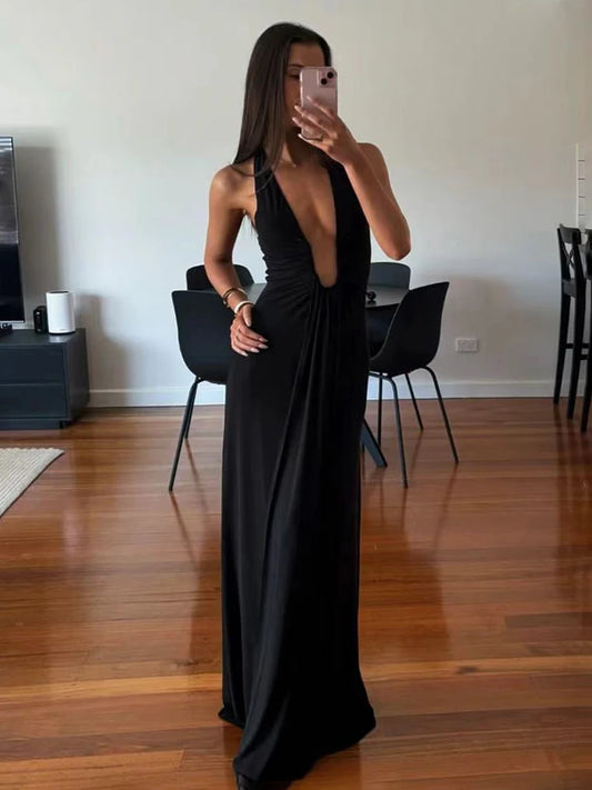 NEW Arrivals UK Size White/Black/Brown Deep V Neck Halter Long Dress Female Elegant Ruched Ribbon Splice Summer Evening Beach Party Night Club Outfit Ladies Sexy Slim Sleeveless Maxi Dress