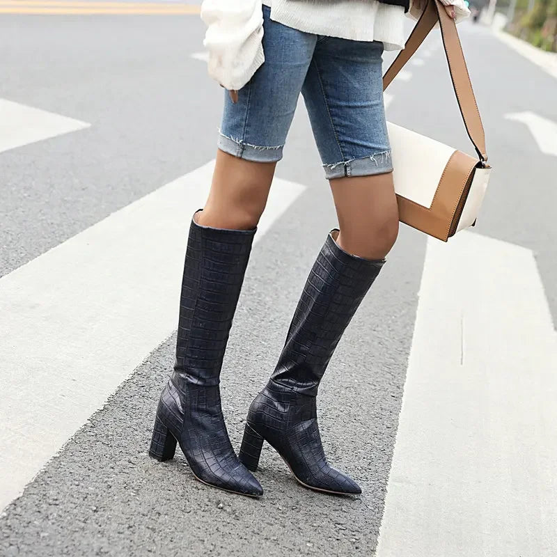 Yellow Navy Blue Crocodile PU Skin Leather Knee-high Riding Women Winter Shoes Block High Heels Western Boots