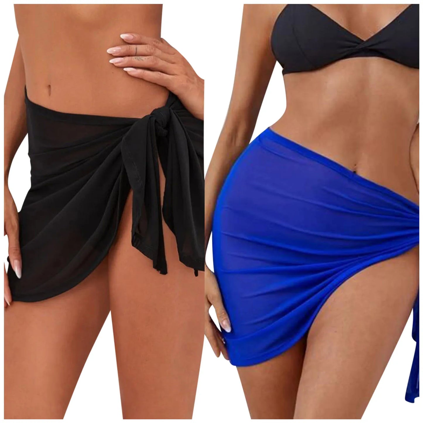2 PCS Set Women Girls Beach Mini Sarong Skirt Summer Ultra Thin Sheer Mesh Bandage Cover Ups Women Swimwear Solid Color Sunscreen Scarf Pareo Female Ladies Summer Swimming Fashion Apparel Supplies
