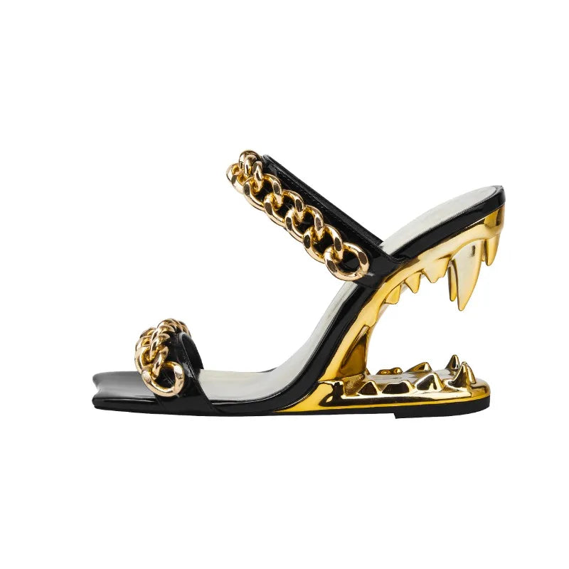 NEW Arrivals Big Gold Chain Peep Toe Tiger Teeth Heel Top Quality Sandals New Fashion Silvery Evening Beach Party Outdoors Women's Slippers Size 35-43