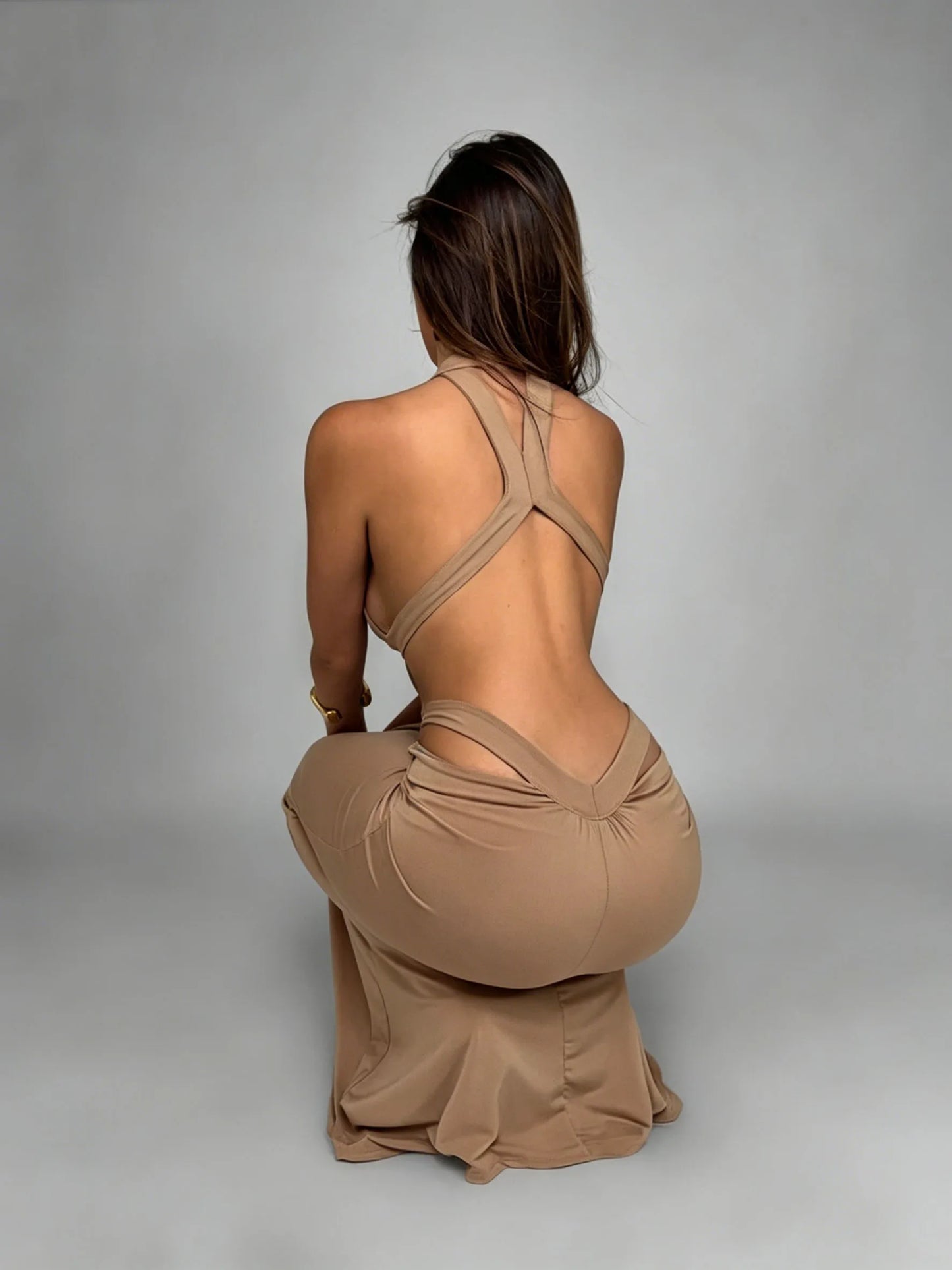 Sexy Halter Cut-Out Draped Super-Cut Back Bare Elegant Evening Party Maxi Dress Waistless Backless Sleeveless Khaki Evening Prom Long Dress