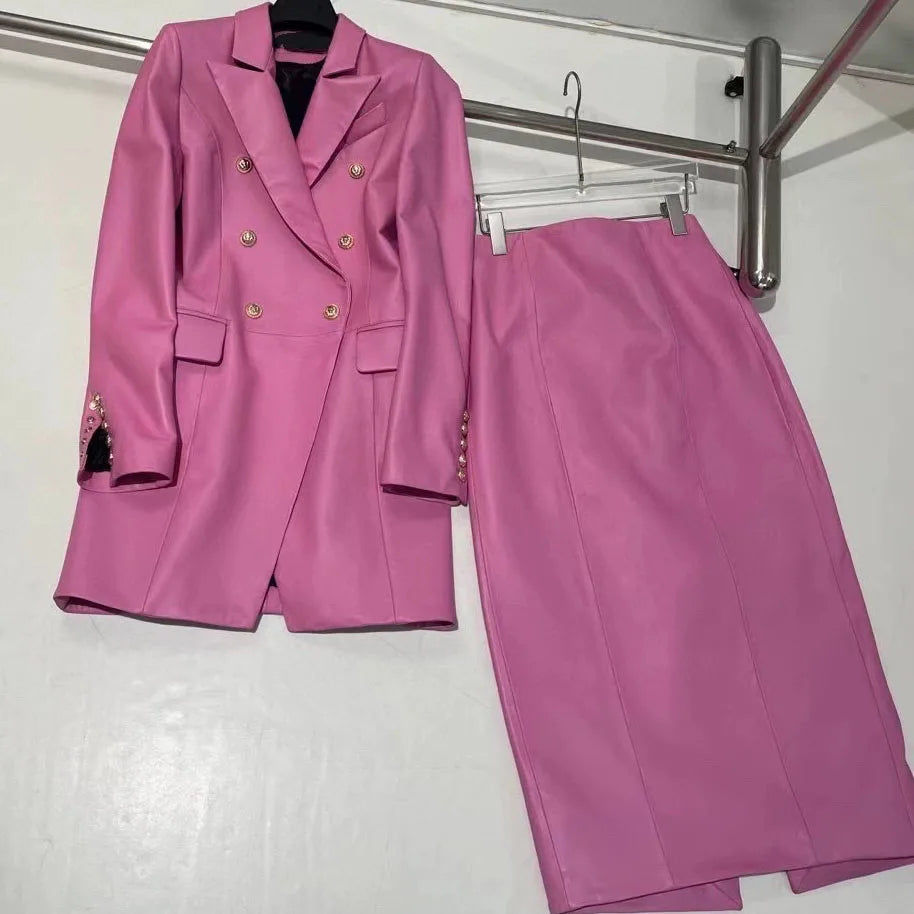 YOLOAgain 2024 Spring New Elegant Real Leather Blazer Skirt Sets Women Genuine Leather Jacket Ladies
