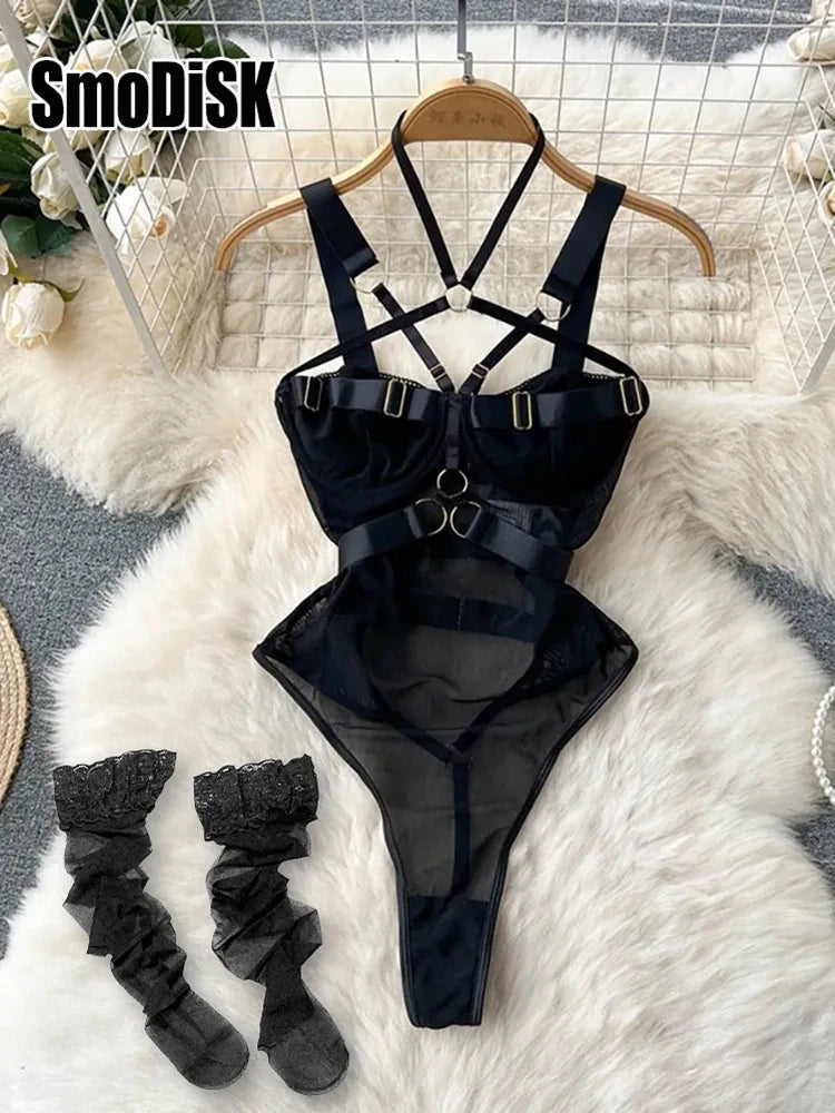 Women Preppy Style Sexy Uniform Sets 2024 V Neck Sheer Top+Lace Up Mini Skirt+Thongs Hollow Out Cosplay Porn Suits