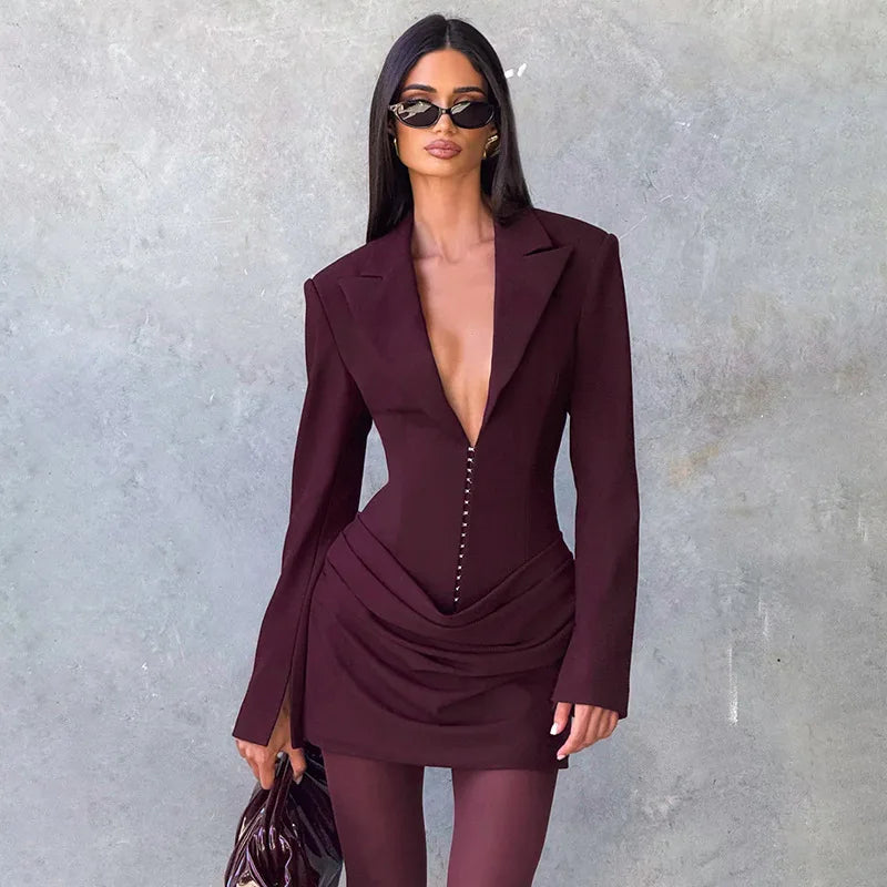 NEW Arrivals UK Size 3 Colors Casual Pleated Sexy Dress Women  Elegant Party Dress Blazer Long Sleeves Bodycon Mini Autumn Winter Dress Vestidos