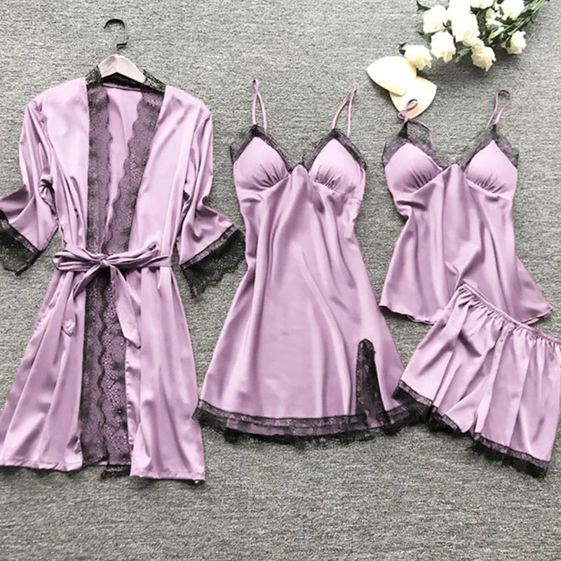 NEW 4PCS Set S-3XL Plus Size 6 Colors Chubby Women's Sexy Lace Pajamas Fashion V-Neck Satin Gown Comfort Pajamas with Chest Pads Nightdress Ladies Luxury Sleepwear Suit
