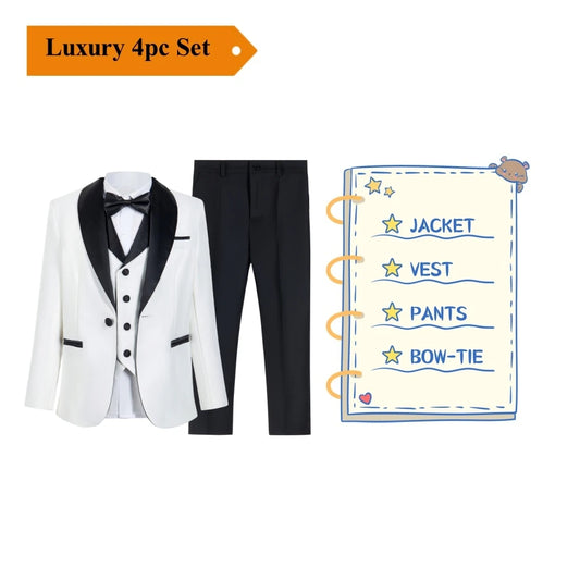 4 PCS Set Children Boy's Formal Suit Set, Regular Fit Smart Suits For Kid From 3 To 14 Years Shawl Neck Wedding Guest Outfit For Children Luxury Blazer Tuxedo Sets