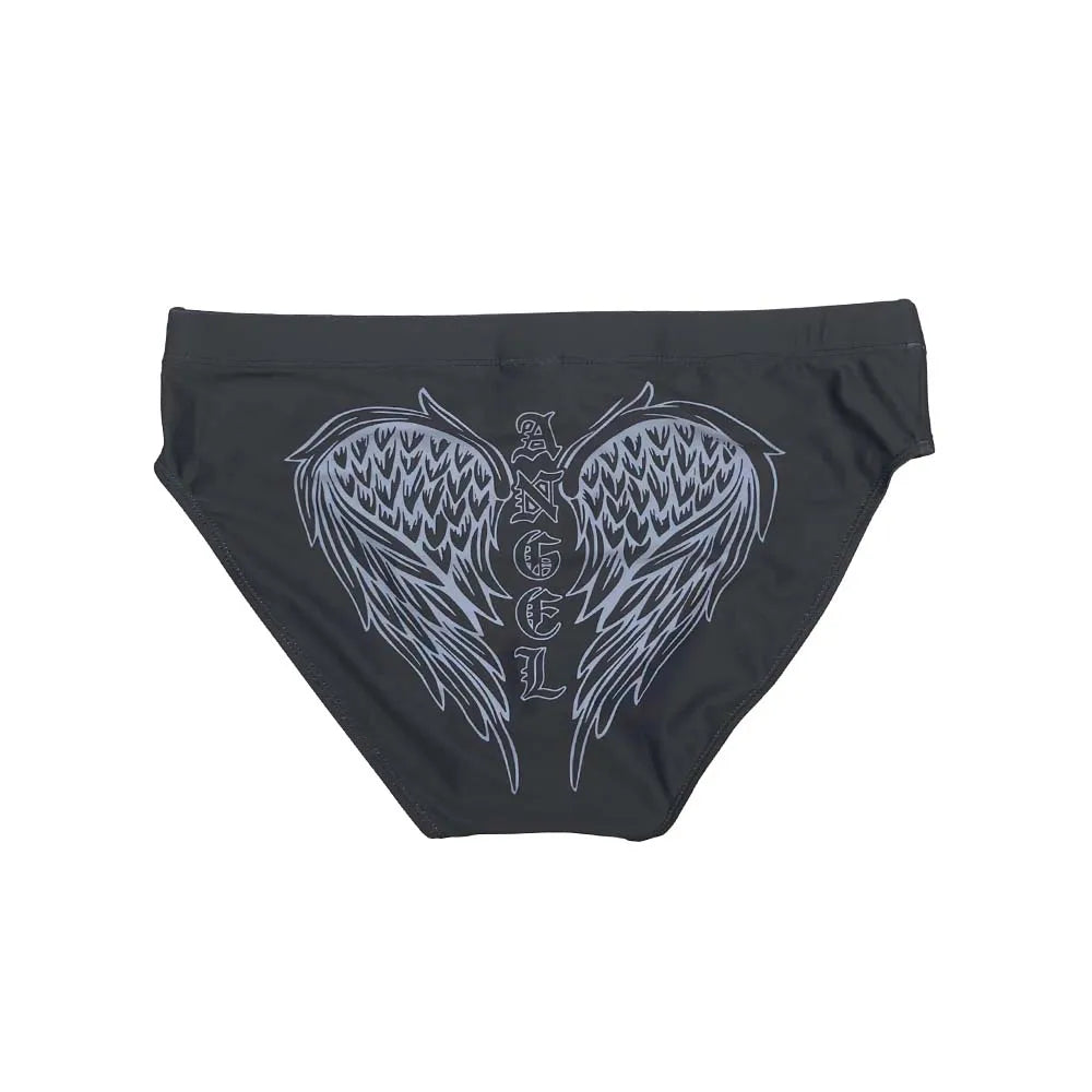 Summer Mens Back Wing Print Swim Briefs Sexy Low Waist Pad Push Up Bathing Suit Polyester Quick Dry Sport Beach Surfing Swimwear