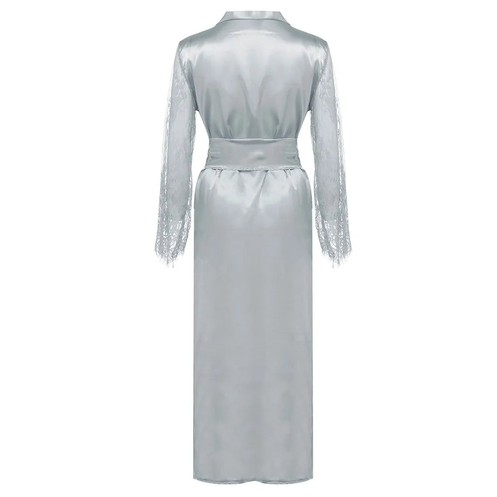 Women Satin Silk Long Nightdress Robe Lace Lingerie Sleepwear Sexy Robe Nightgown Floor Length Female Bathrobes Sleepwear