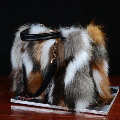 NEW Arrivals 100% Real Fox Fur Women Fashion Luxury Natural Silver Fox Handbag Lady Shoulder Bag Real Fox Fur Evening Party Formal Hand Bags Ladies Luxury Fashion Apparel Accessories